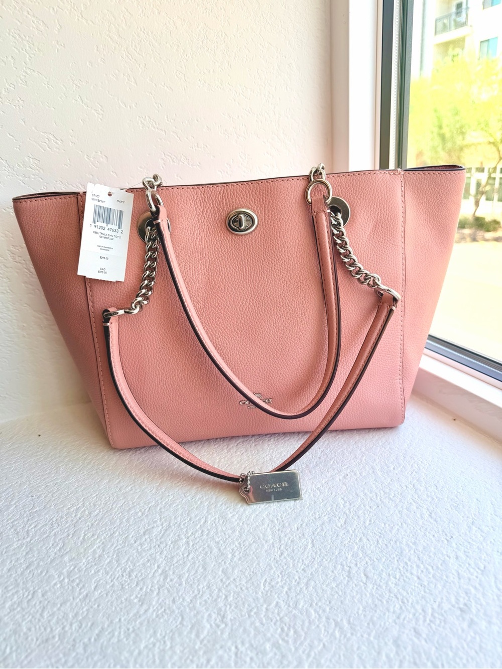 Coach Salmon Pink Pebbled Leather Tote with Chain Straps